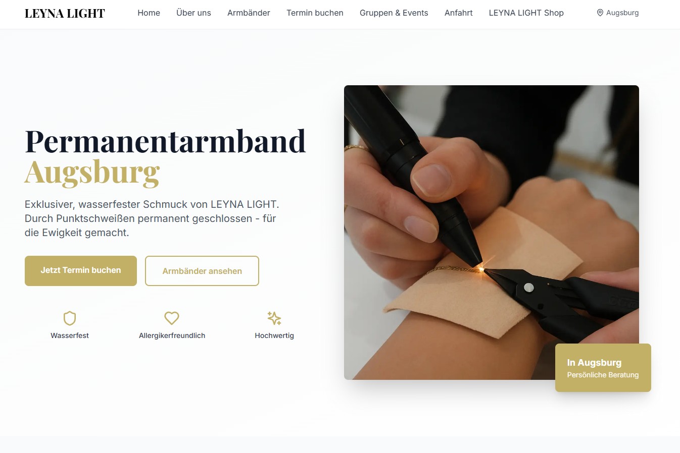 Screenshot der Website Leyna Light – Schmuck · Augsburg
